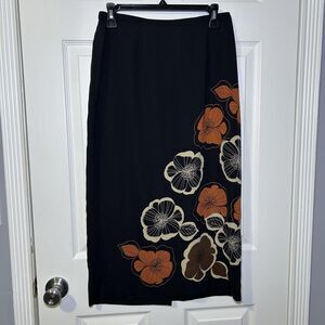 AGB Skirt Women's Petite P/M Black Floral Print Midi Straight Slit Polyester